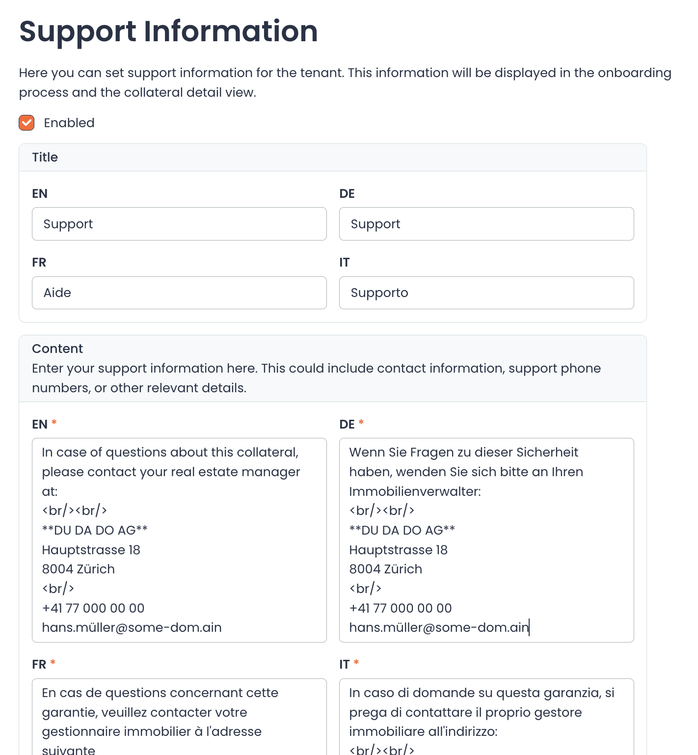Edit Support Information
