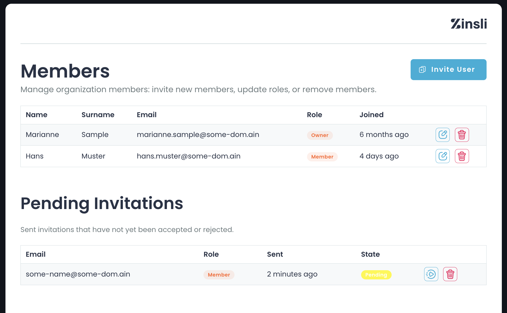 Overview of all members and invites