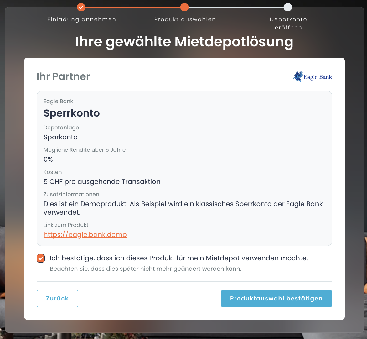 Bestätigung der Produktkonditionen