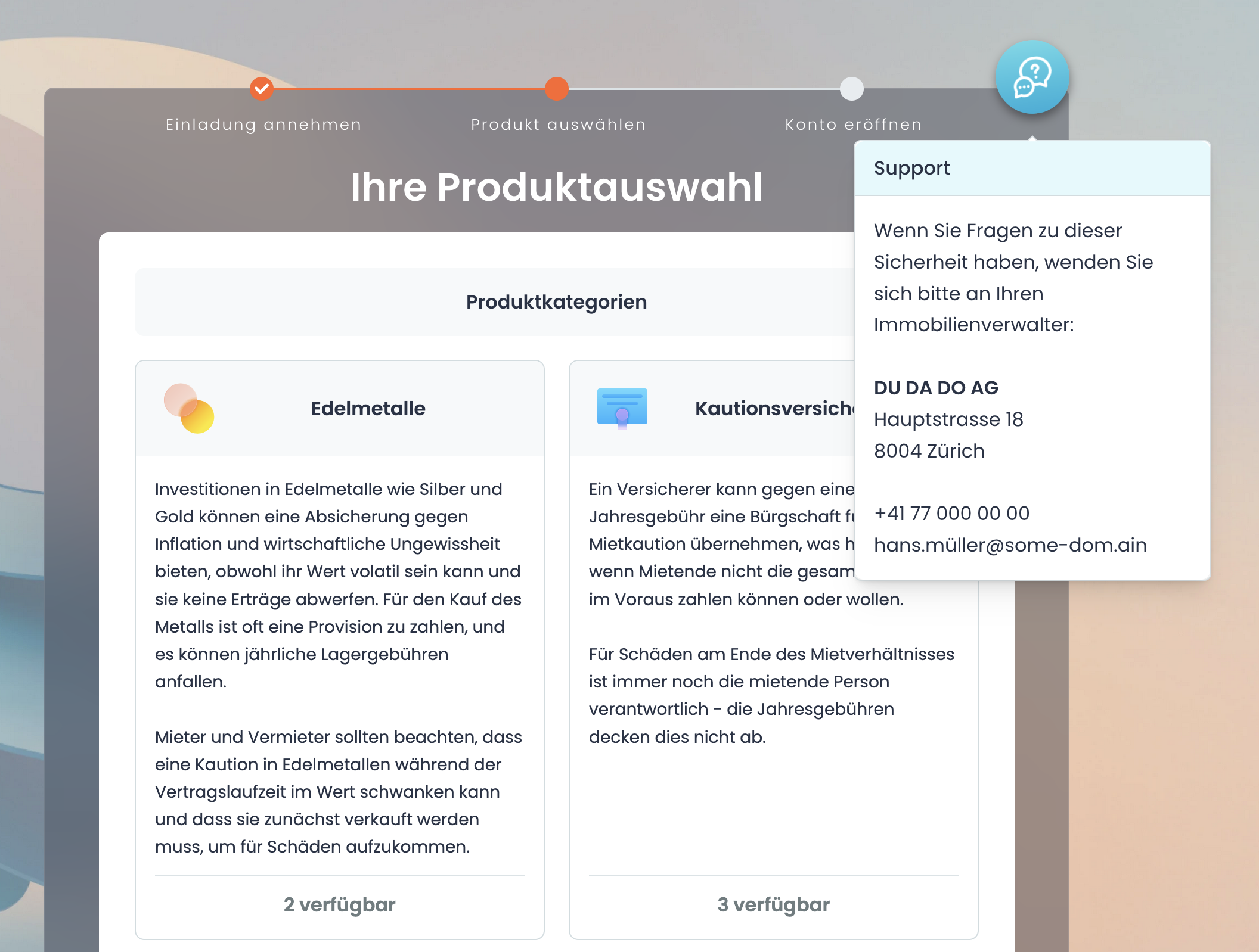 Support Info während dem Onboarding