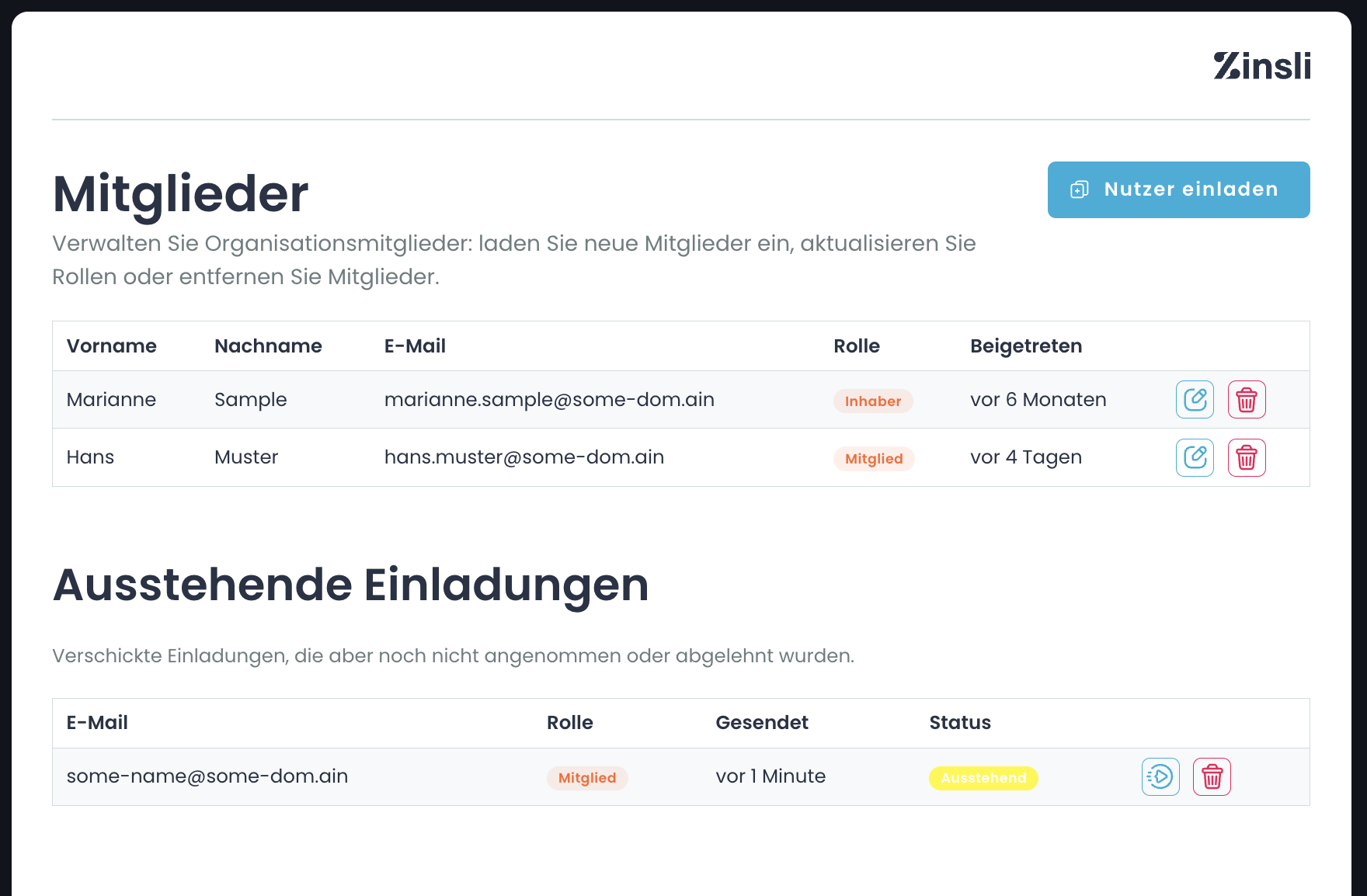 Übersicht aller Mitglieder und Einladungen